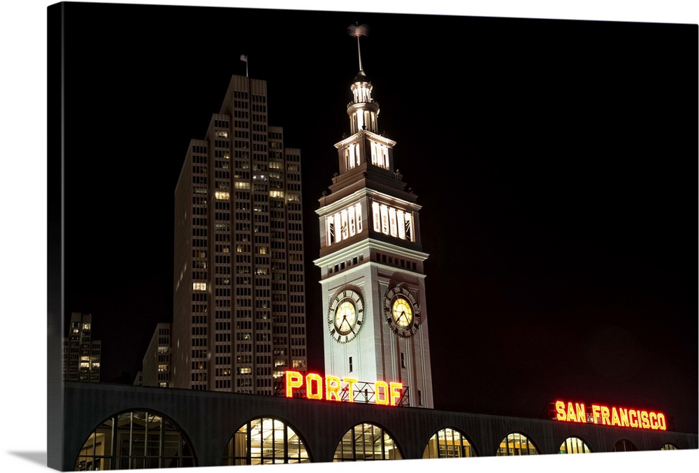 Ferry Building at night with Port of San Francisco sign.