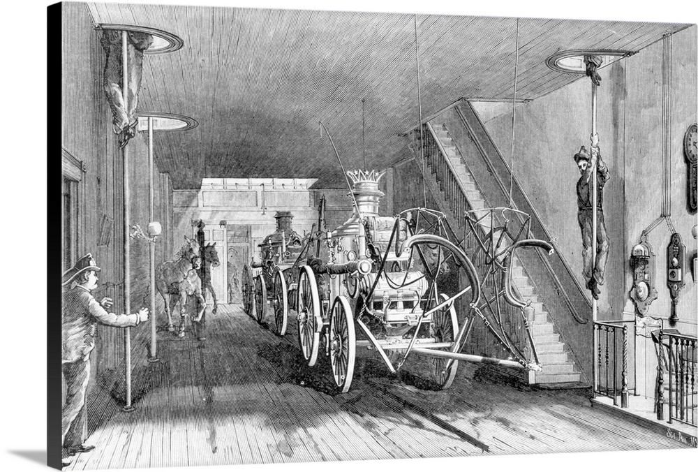 Illustration showing the interior view of a model engine house of the New York FFire Department. Shown are several engines...