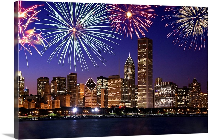Fireworks over Chicago skyline Wall Art, Canvas Prints, Framed Prints