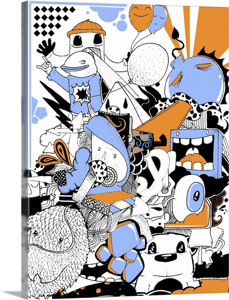 Blue and orange pastel coloured graffiti style illustration. Character, pattern, shapes and object.