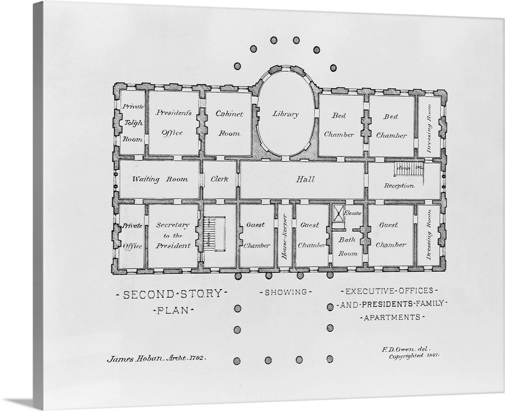 A 1901 drawing by F. D. Owen of the floor plan of the second story in the White House, which was originally deisgned by ar...