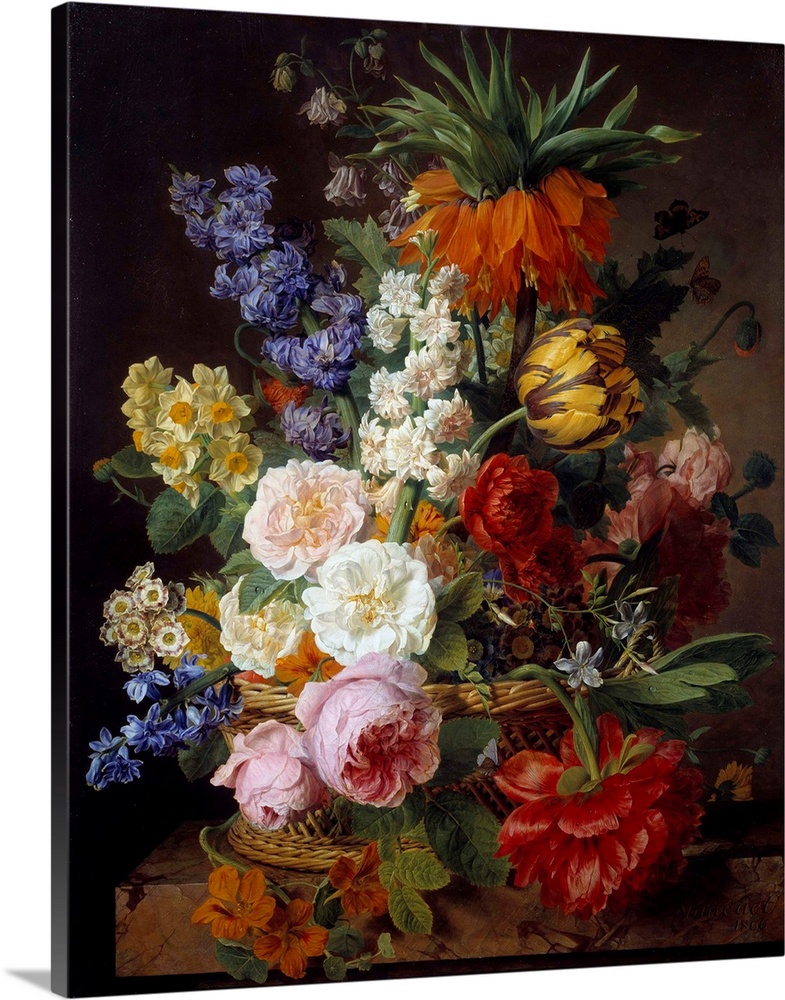 Flowers in a basket. Painting by Jan Frans van Dael (1764-1840), 1806. 0,53 x 0,65 m. Beaux-Arts Museum, Lyon, France