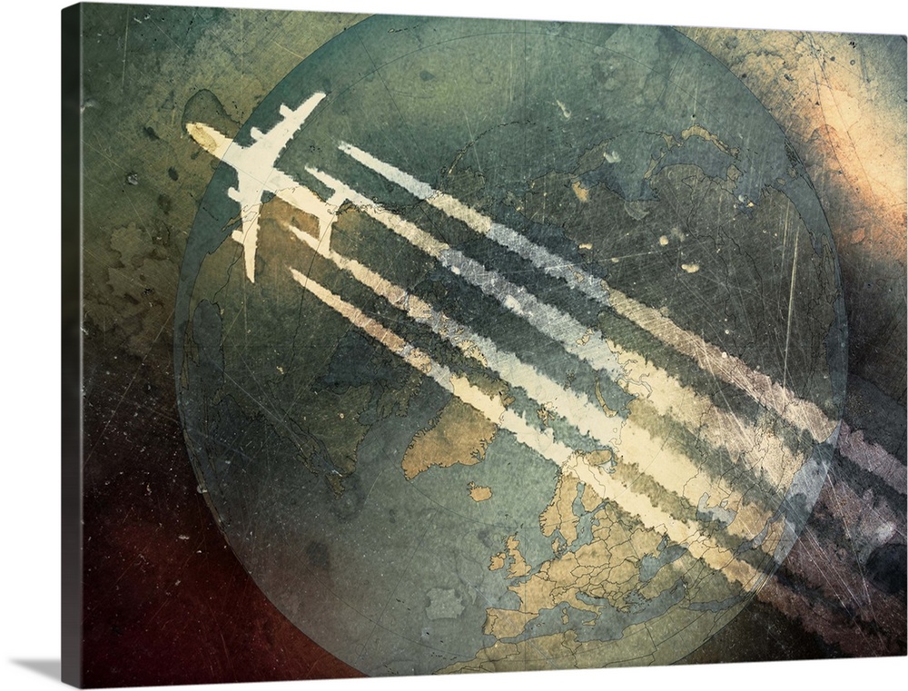 High flying plane crosses globe with textured overlay.