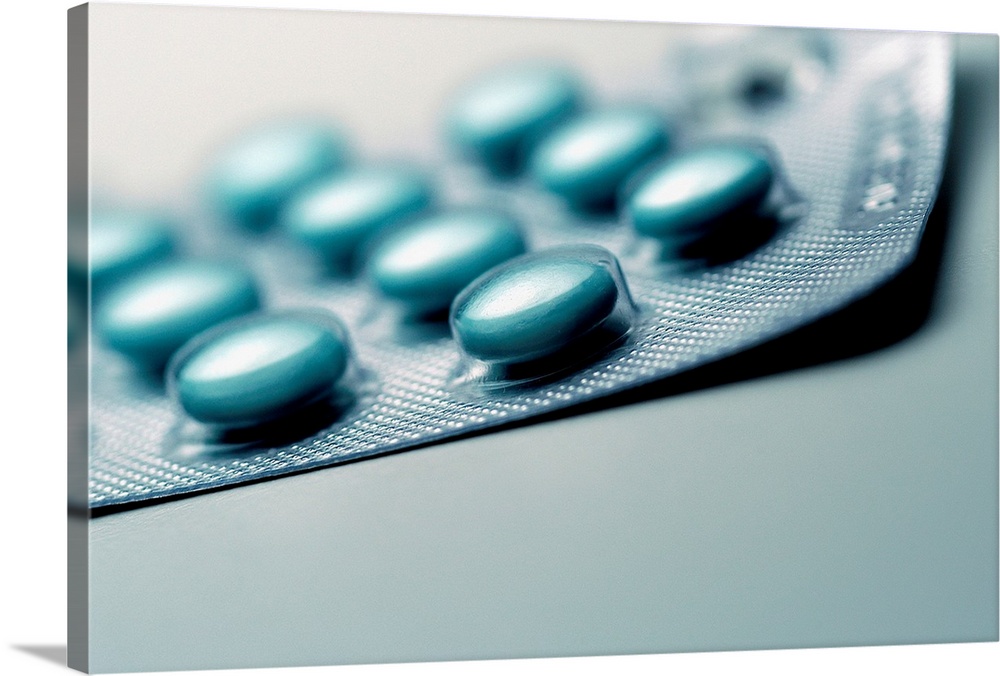 Foil pack of tablets, close-up, part of, selective focus