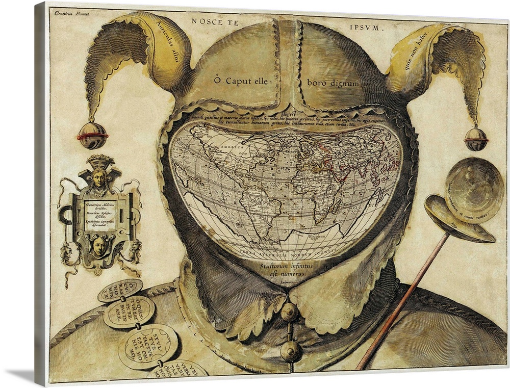 Fool's Cap World Map by an unknown artist, c. 1590, European hand-colored engraving. Inscription states: Democritus laughe...