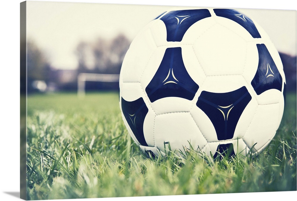 Football on football pitch with goal in distance. Wall Art, Canvas