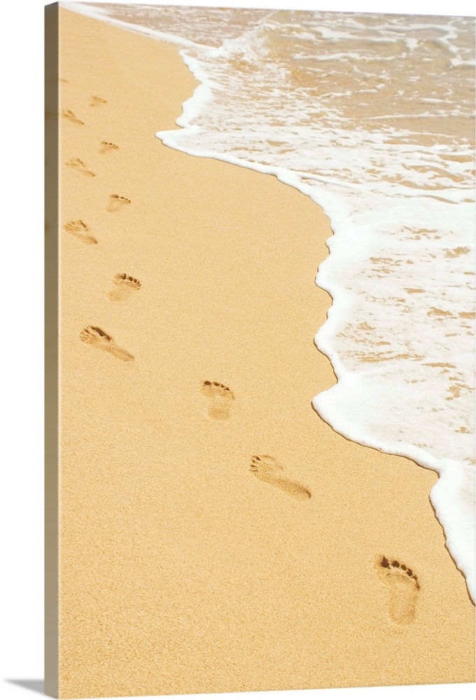 Footprints in sand walking next to foamy ocean edge.