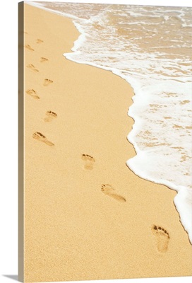 Footprints in sand walking next to foamy ocean edge