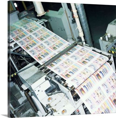 Four colour thermal ink web press in factory, elevated view