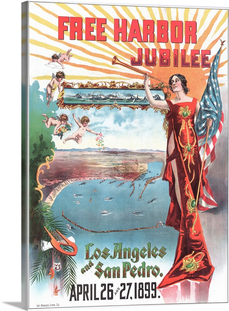 Poster celebrating the port of Los Angeles and the new rail line connecting it to San Pedro, entitled Free Harbor Jubilee,...