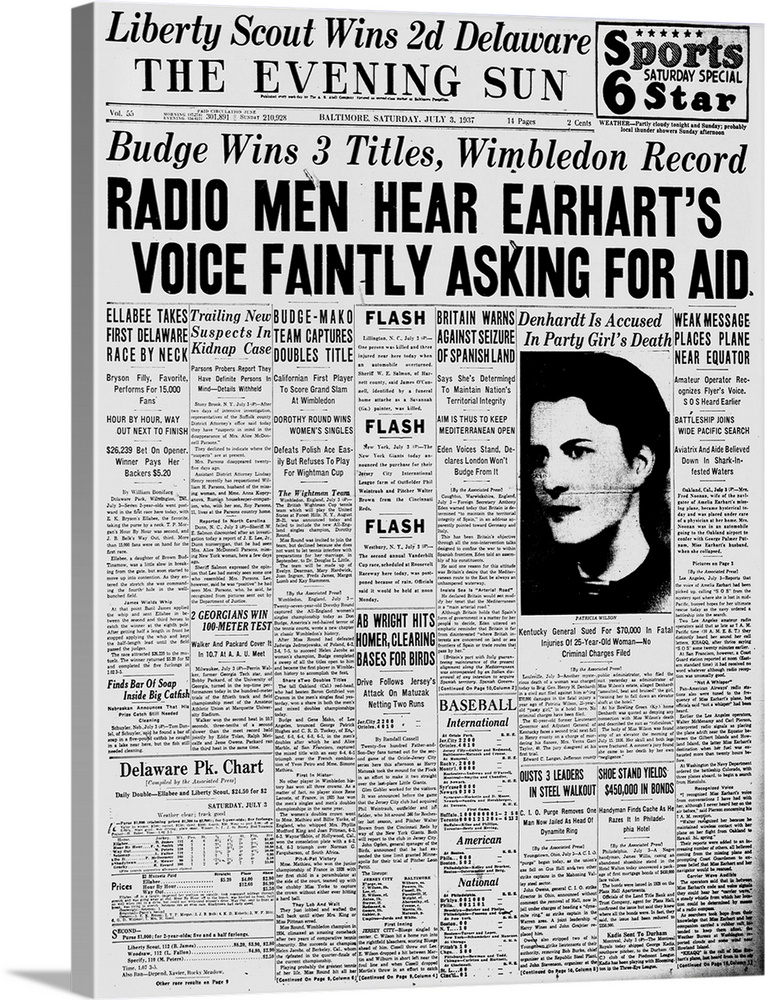 Headlines on the Baltimore Evening Sun report that radio signals from Amelia Earhart requesting aid have been detected aft...