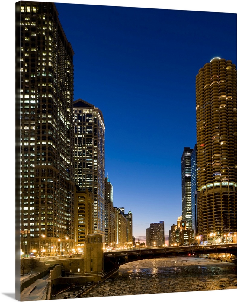 Looking down the frozen Chicago River at dusk.