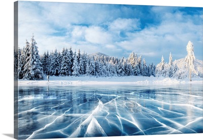 Frozen Lake With Blue Ice In Winter, Carpathian, Ukraine, Europe
