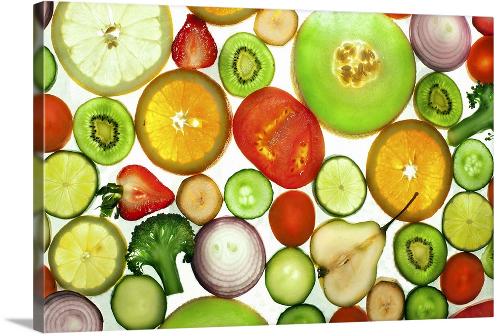 Fruit and vegetables cross sections illuminated from below.