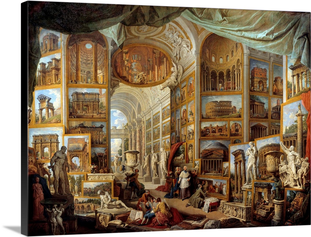 Gallery of a collector. Gallery of Ancient Rome's views. Painting by Giovanni Paolo Pannini (Panini) (1691-1765) 18th cent...