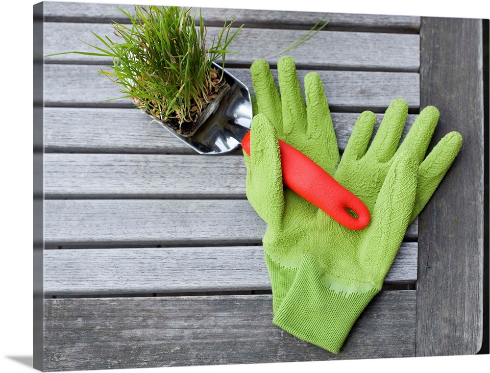 Garden gloves and spade with planter