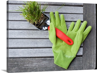 Garden gloves and spade with planter