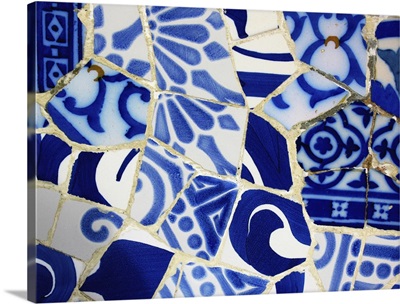 gaudi blue and white tiles in parc guell