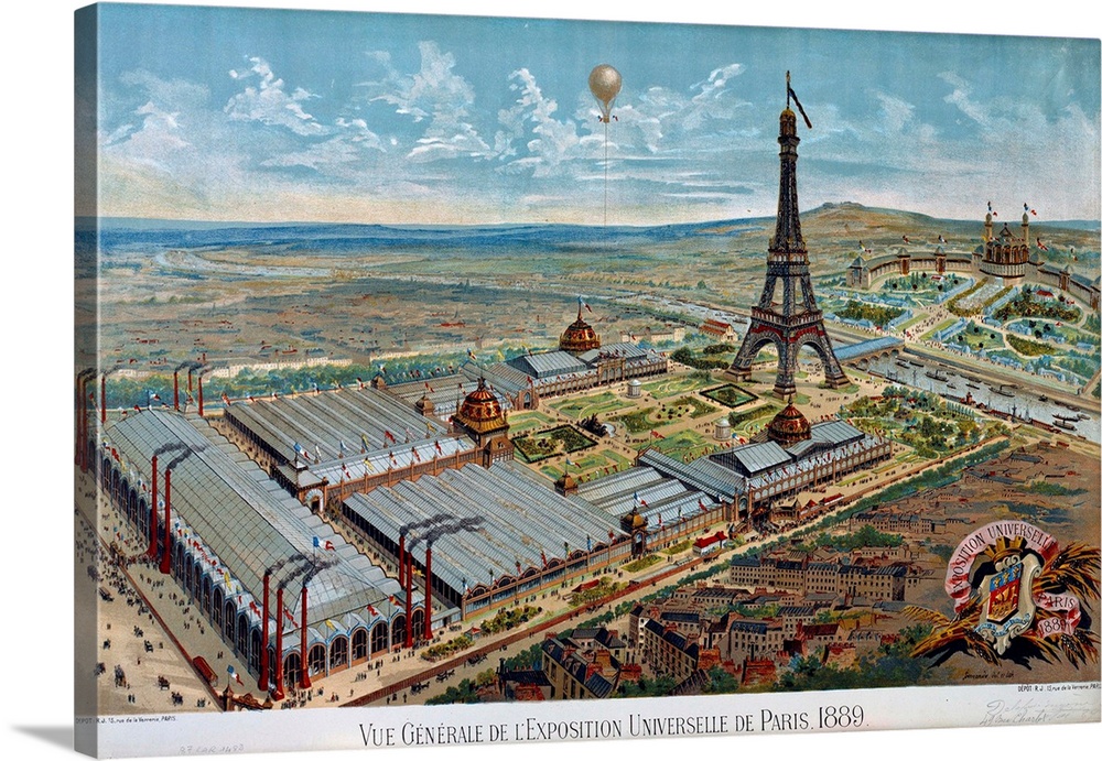 General View of the Universal Exhibition of Paris in 1889 : Eiffel Tower, Trocadero, hot air balloon, Poster, Carnavalet m...