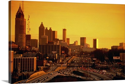 Georgia, Atlanta, city skyline at sunset