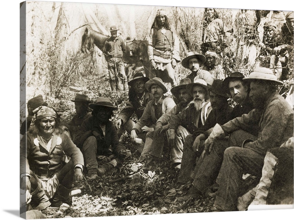 A conference with Geronimo, with General George Crook on the right, and Geronimo on the left.
