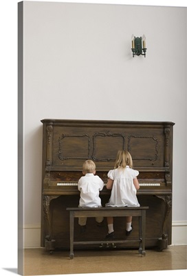 Girl and boy sitting on bench playing piano, rear view