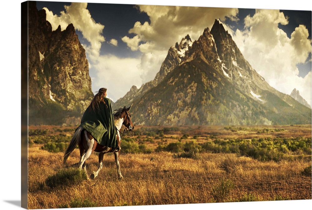 Young woman with long hair wearing dark green cloak rides paint horse over dry fields toward tall, stormy mountains.