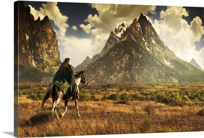 Girl in cloak rides horse toward tall mountains