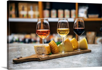 Glasses Of Wine And Cheese, Assortment Or Various Type Of Cheese, Winery Concept Image