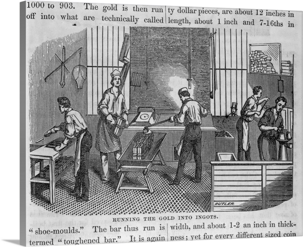 A print depicts United States Mint workers as they process gold to make gold coins. San Francisco, California, USA.