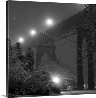 Gothic, suspension St. Johns Bridge in Portland, Oregon during snow storm.