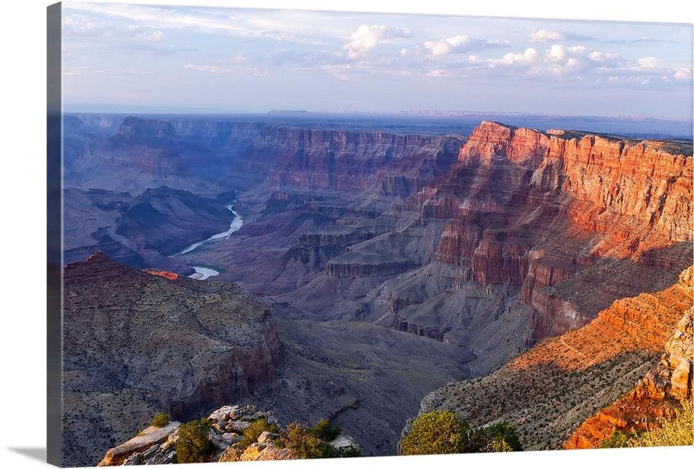 Landscape, high angle photograph on a big canvas, overlooking the Grand Canyon as the sun sets over Grand Canyon National ...