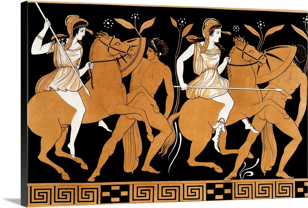 Greek Vase Illustration Of Two Amazons On Horses After Two Youths