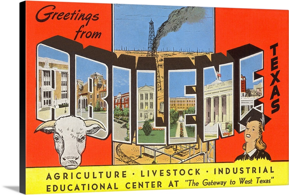 Greetings from Abilene, Texas, the Gateway to West Texas, large letter vintage postcard