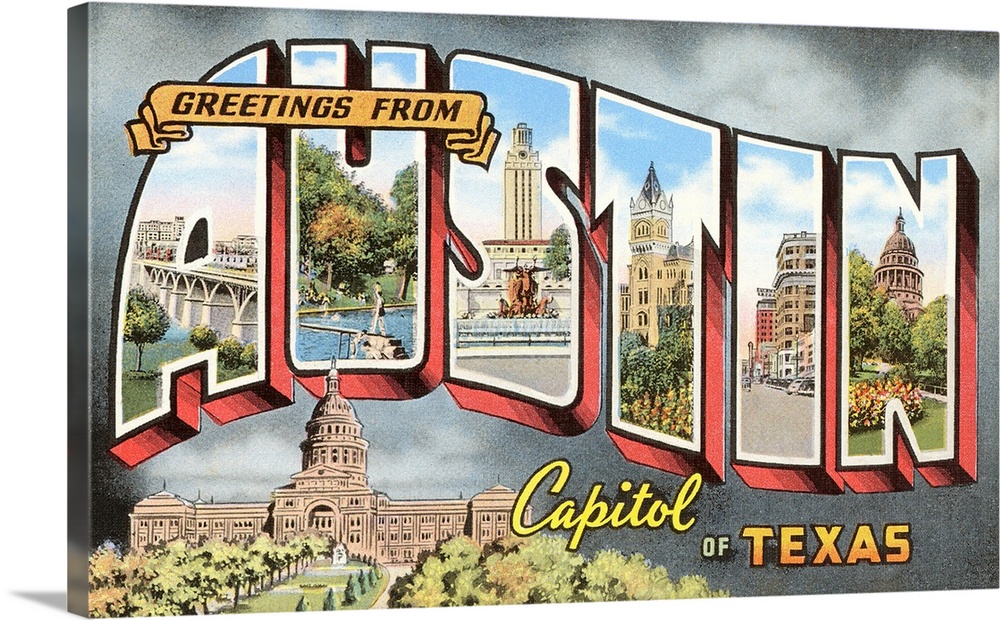 Greetings from Austin, Capitol of Texas, large letter vintage postcard