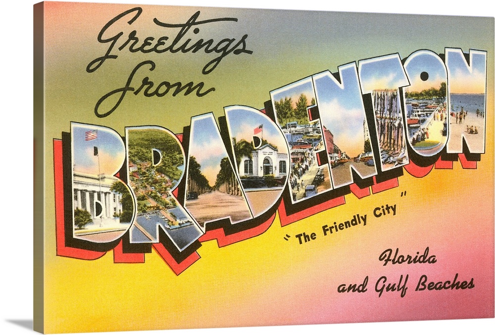 Greetings from Bradenton, The Friendly City, Florida, and Gulf Beaches large letter vintage postcard