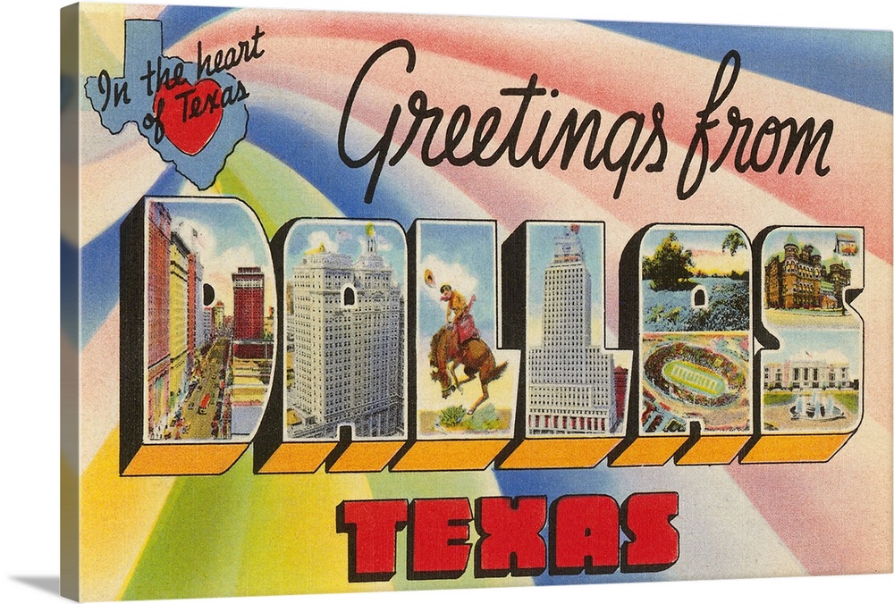 Greetings from Dallas, Texas, in the Heart of Texas, large letter vintage postcard