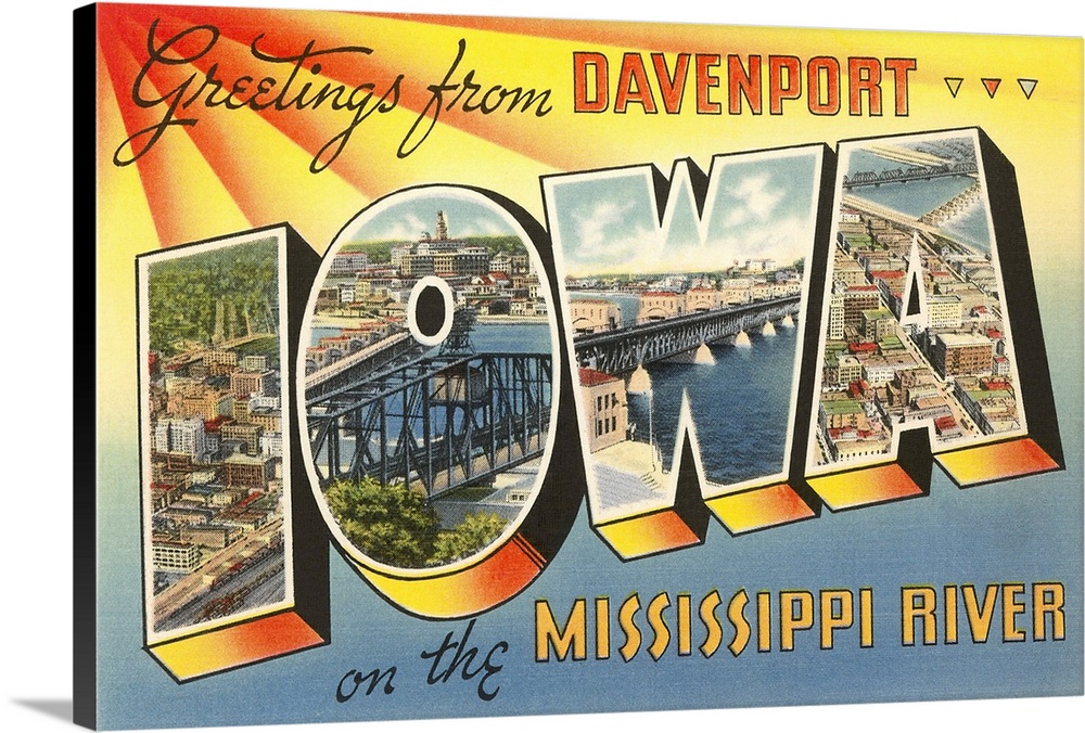Greetings from Davenport, Iowa on the Mississippi River large letter vintage postcard