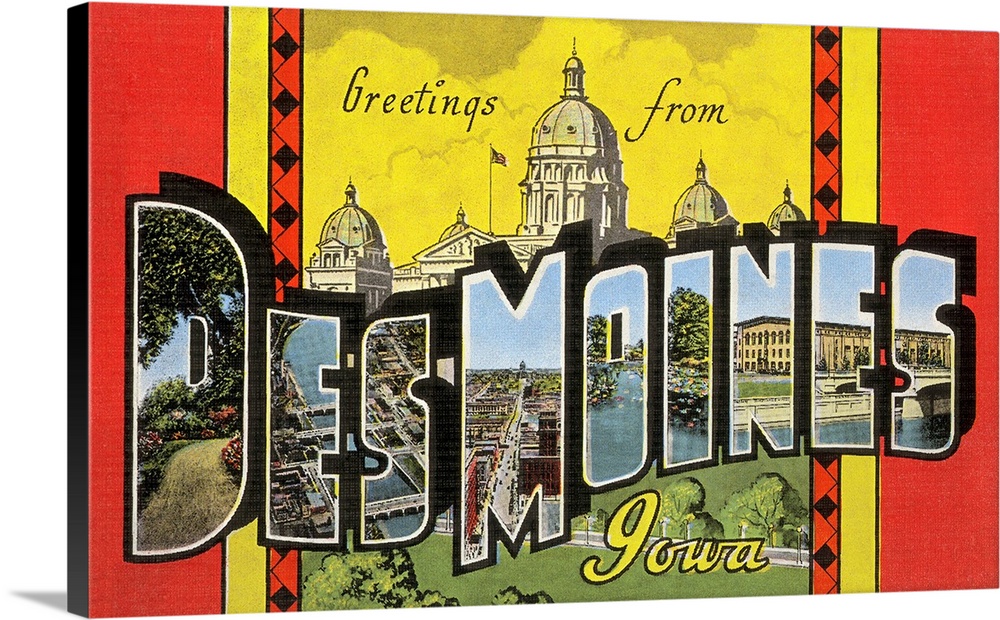 Greetings from Des Moines, Iowa large letter vintage postcard