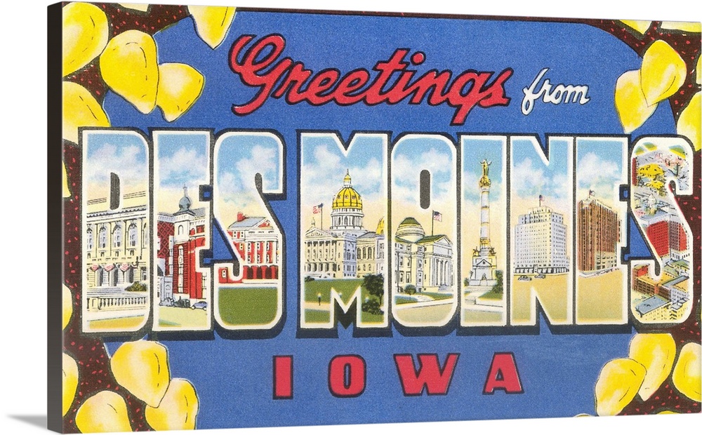 Greetings from Des Moines, Iowa large letter vintage postcard