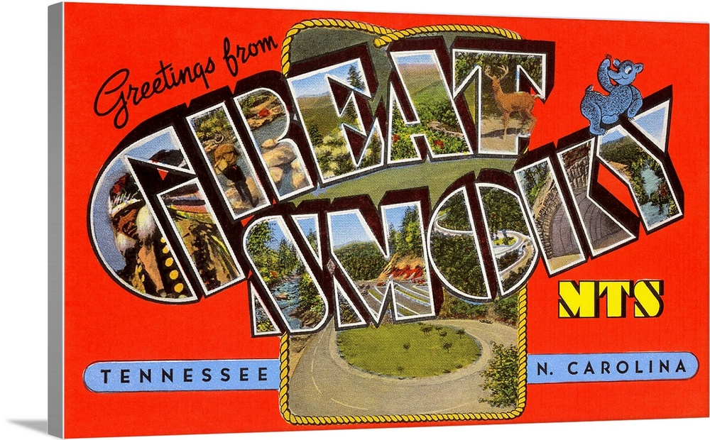 Greetings from Great Smoky Mountains, Tennessee and North Carolina, large letter vintage postcard
