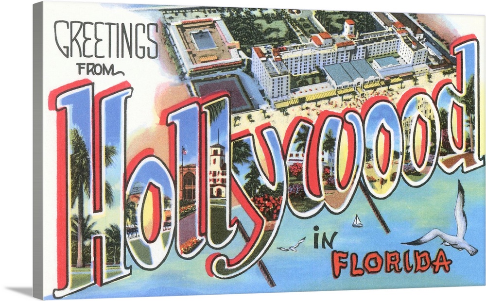Greetings from Hollywood in Florida large letter vintage postcard