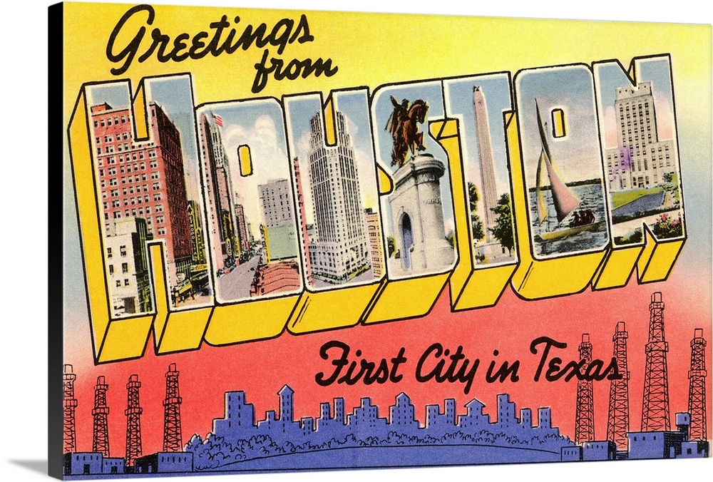 Greetings from Houston, First City in Texas, large letter vintage postcard