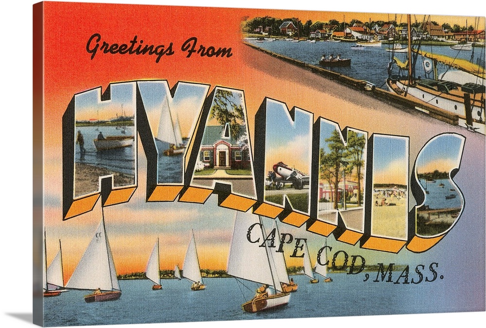Greetings from Hyannis, Cape Cod, Massachusetts large letter vintage postcard