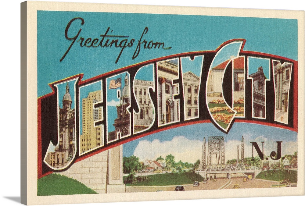 Greetings from Jersey City, New Jersey large letter vintage postcard