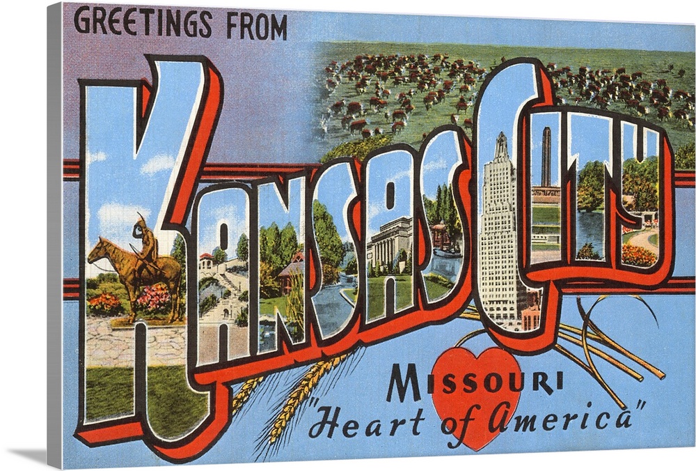 Greetings from Kansas City, Missouri, Heart of America, large letter vintage postcard