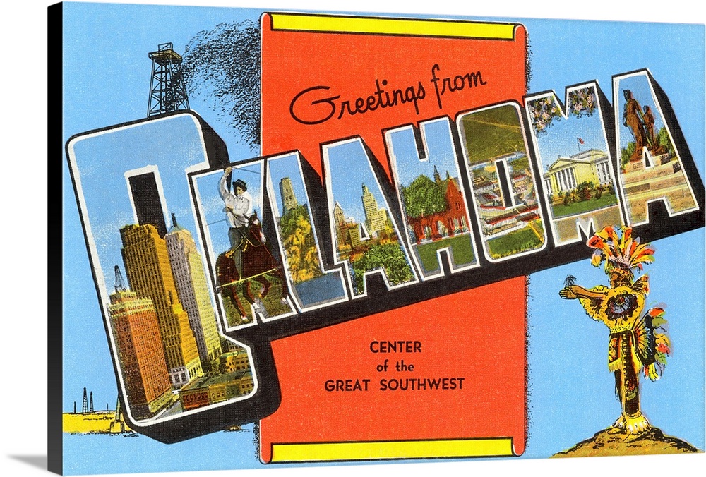 Greetings from Oklahoma, Center of the Great Southwest, large letter vintage postcard