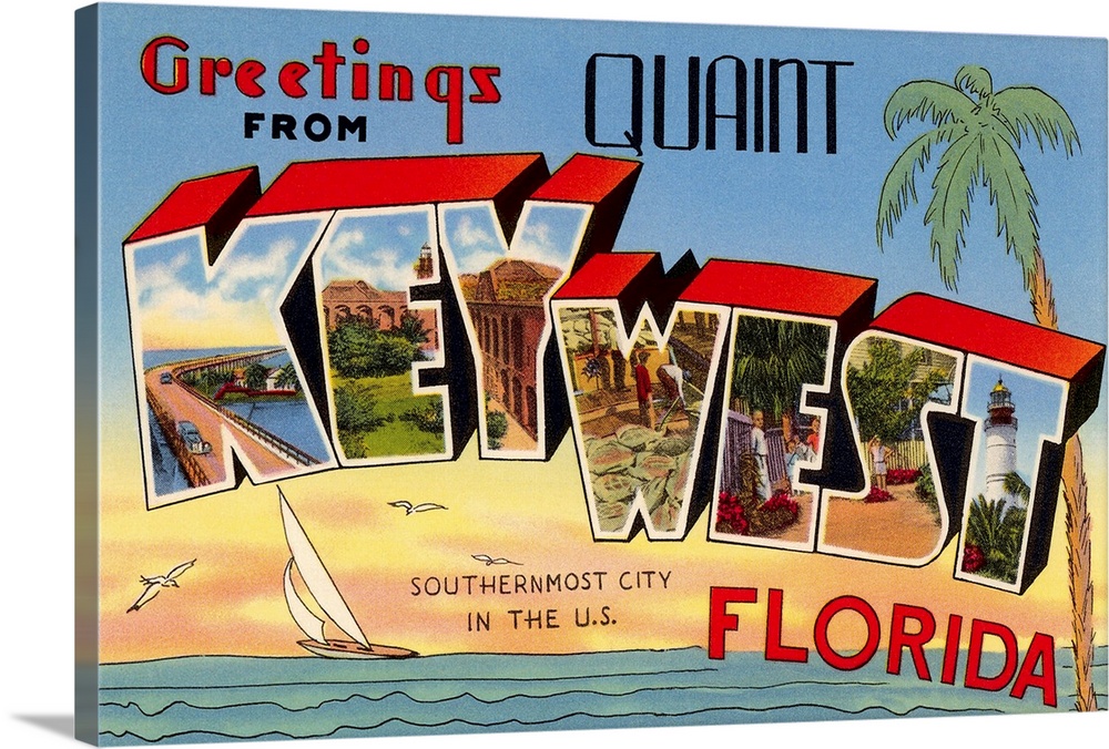 Greetings from Quaint Key West, Florida, the Southernmost City in the U.S. large letter vintage postcard