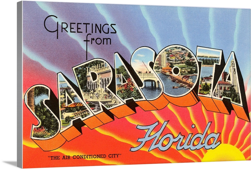 Greetings from Sarasota, Florida large letter vintage postcard