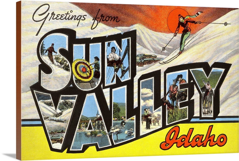 Greetings from Sun Valey, Idaho large letter vintage postcard